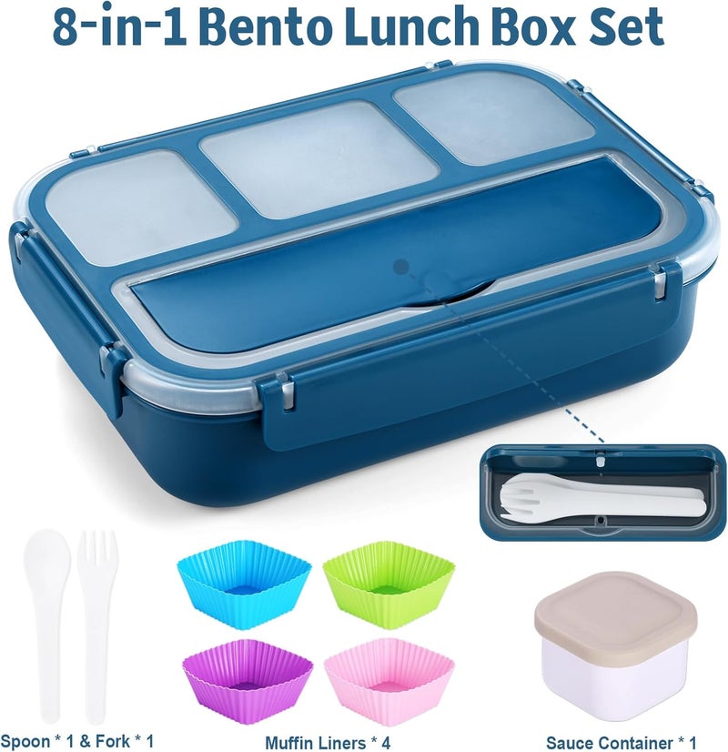 shell and turtle Bento Box Adult Lunch Box, Kids Lunch Containers for School with 4 Compartments, with Utensils, Sauce Jar, Muffin Liners, Microwave Safe, Navy - Image 5